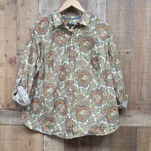 Talbots Women's Green Red Paisely 100% Cotton Roll Tab Sleeve Button Down Sz 16W